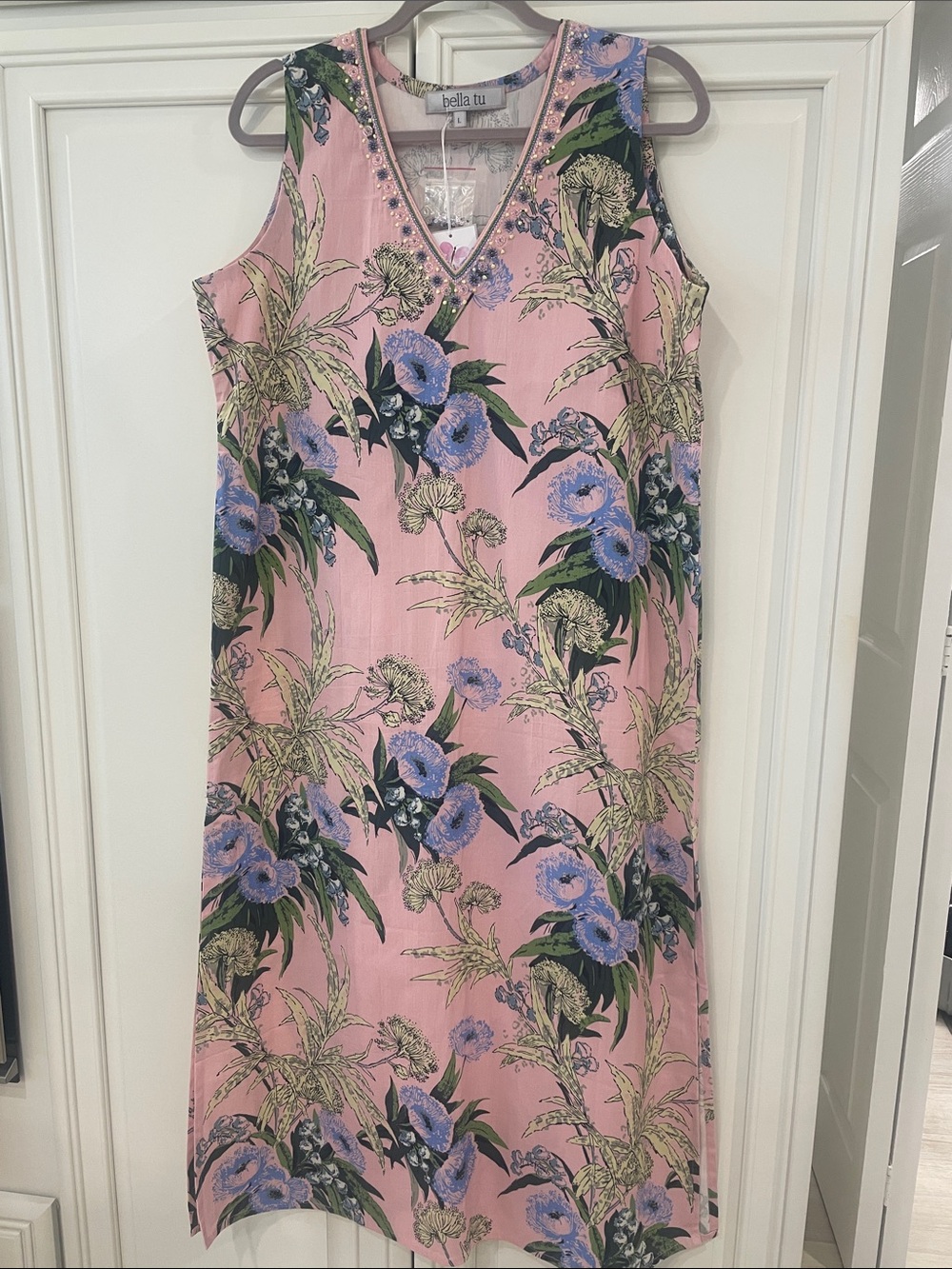 Bella Tu Pink and Purple Floral V-Neck Sleeveless Maxi Dress with hand beading